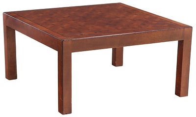 PARQUTRY INLAID WALNUT COFFEE TABLE C 1960 LABELED B ALTMAN. Parqutry inlaid walnut coffee 