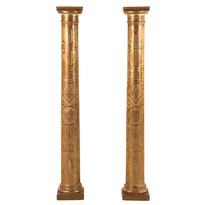 PAIR OF GILTWOOD COLUMNS HAVING INCISED DETAILS C 1920. Pair of giltwood columns having incised 