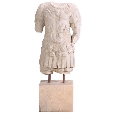 CARVED MARBLE TORSO RESTING ON A SOLID MARBLE PLINTH. Carved marble torso resting on a solid 