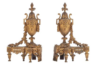 PAIR OF FRENCH GILT BRONZE URN FORM CHENETS C 1910. Pair of French gilt bronze urn form chenets 