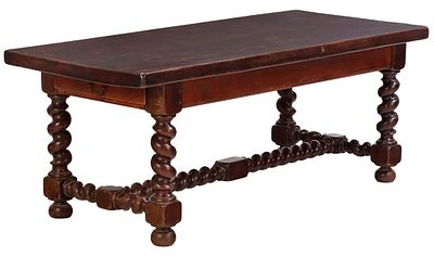 A SUBSTANTIAL FRENCH OAK FARM TABLE HAVING TWIST LEGS AND A SINGLE DRAWER C 1900. A substantial 