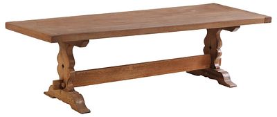 LARGE AND SUBSTANTIAL FRENCH OAK SLAB TOP TABLE C 1920. SOME WARPAGE IN TOP. Large and 