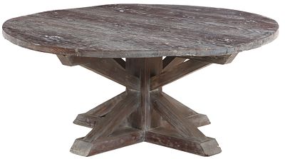 A LARGE BLACK CERUSED OAK TABLE HAVING A CIRCULAR TOP RESTING ON AN X FORM PEDESTAL BASE. A 