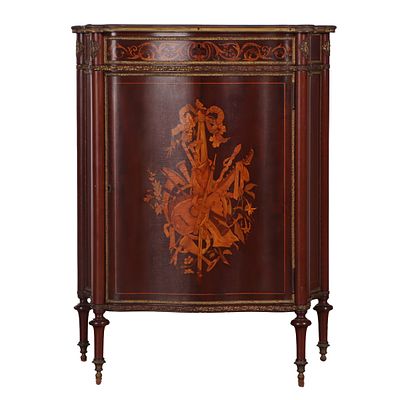 MAHOGANY MUSIC CABINET HAVING BRONZE MOUNTS AND MUSICAL INSTRUMENTS INLAID INTO THE DOOR C 1900. 