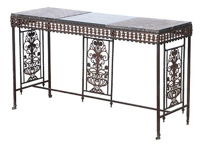 AN OSCAR BACH ATTRIBUTED WROUGHT IRON CONSOLE TABLE HAVING GILT ACCENTS AND A MARBLE TOP CIRCA. A 