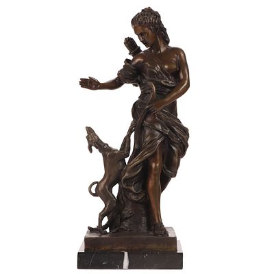 AFTR CLODION DIANE THE HUNTRESS BRONZE SCULPTURE. After Michel Claude Clodion (French, 1738 