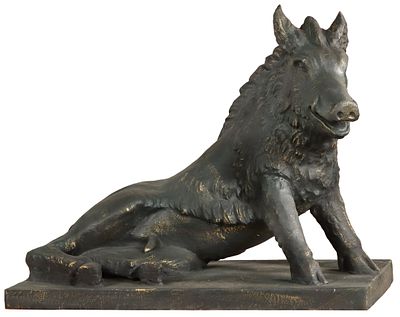 A CAST IRON GARDEN SCULPTURE OF A BOAR IN REPOSE AFTER THE ANTIQUE. A cast iron garden 