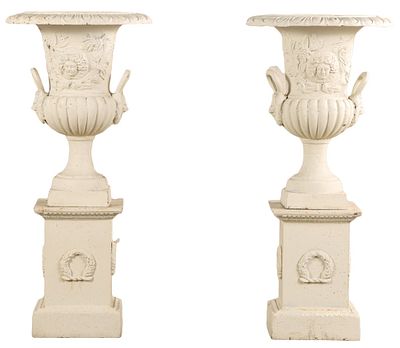48" PAIR OF PAINTED CAST IRON GARDEN URNS WITH HANDLES ON DECORATED PEDESTALS. 48" Pair of 