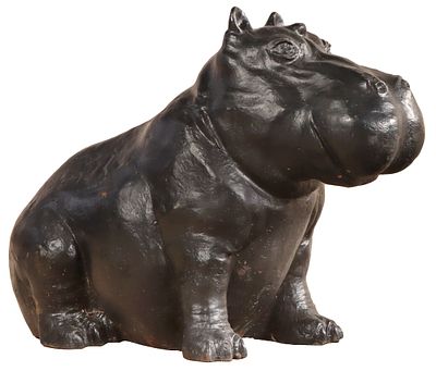 PAINTED CAST IRON GARDEN SCULPTURE OF A SEATED HIPPO. Painted cast iron garden sculpture of a 