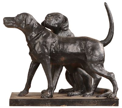 A PAINTED CAST IRON SCULPTURE DEPICTING TWO HOUNDS. A painted cast iron sculpture depicting two 