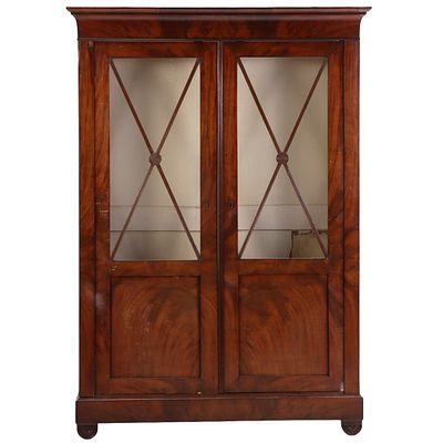 MAHOGANY CHARLES X TWO DOOR BOOKCASE HAVING SIX ADJUSTABLE SHELVES C 1840. DISMANTLES. Mahogany 