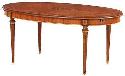 FRENCH KINGWOOD AND FLORAL INLAID OVAL DINING ROOM TABLE HAVING BRONZE MOUNTS AND TWO ORIGINAL. F 