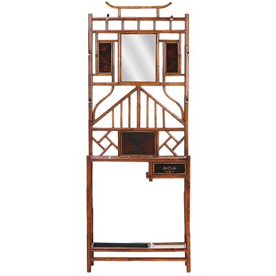 LACQUERED BAMBOO HALL TREE AND UMBRELLA STAND WITH MIRROR AND HAT HOOKS C 1900. Lacquered 