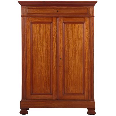 A BELGIAN TWO DOOR AFRICAN MAHOGANY LOUIS PHILIPPE STYLE ARMOIRE C 1860. A Belgian two door 