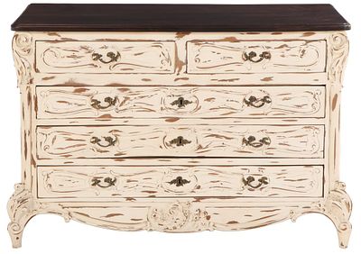 A LOUIS XV STYLE EIGHT DRAWER PAINTED DRESSER HAVING A WOOD TOP CIRCA 1900. A Louis XV style 