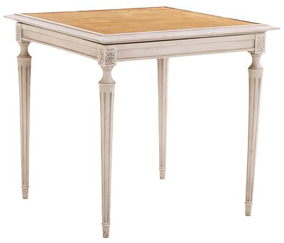 A FRENCH LOUIS XVI STYLE PAINTED GAMES TABLE HAVING A FABRIC COVERED PLAYING SURFACE CIRCA. A 