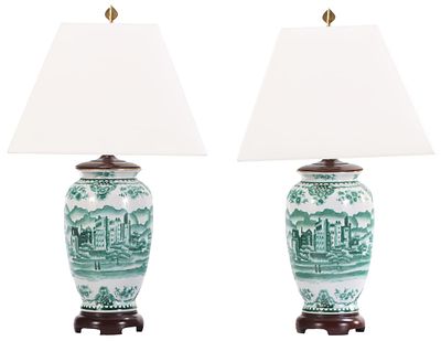 A PAIR OF EARLY 20TH CENTURY GREEN AND WHITE PAINTED PORCELAIN CHINESE LAMPS HAVING VASE FORM. A 