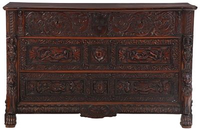 CONTINENTAL CARVED MAHOGANY CHEST OF DRAWERS HAVING HEAVY RELIEF CARVINGS C 1820. Continental 