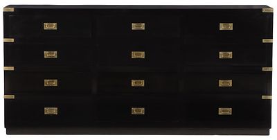 AN EBONIZED CAMPAIGN STYLE MAHOGANY TRIPLE DRESSER HAVING TWELVE DRAWERS AND BRONZE MOUNTS C 1950. 