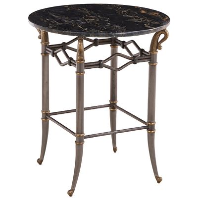 A BRASS AND STEEL OCCASIONAL TABLE HAVING A BLACK MARBLE TOP CIRCA 1960. A brass and steel 