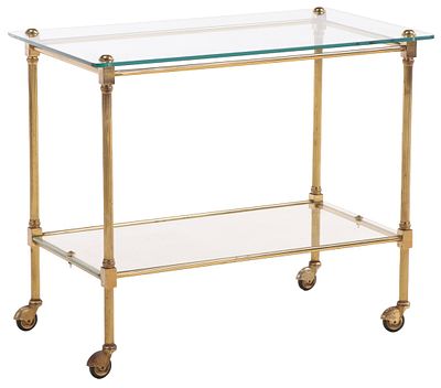 A FRENCH DIRECTOIRE STYLE BRASS AND GLASS TWO TIER DESSERT TROLLEY CIRCA 1950. A French 
