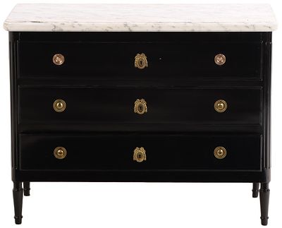 AN EBONIZED MAHOGANY LOUIS XV STYLE MARBLE TOP COMMODE HAVING BRONZE HARDWARE C 1940. An 