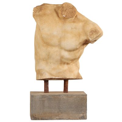 A CARVED MARBLE PARTIAL MALE TORSO MOUNTED ON A MARBLE PLINTH. A carved marble partial male 