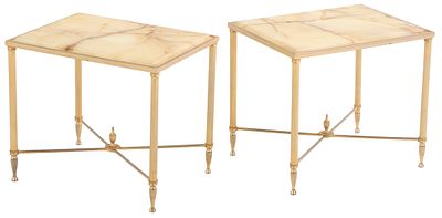 A PAIR OF FRENCH BRASS PLATED AND ONYX TOP END TABLES IN THE DIRECTOIRE STYLE CIRCA 1970. A pair 