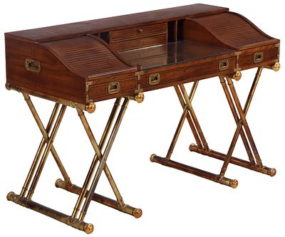 AN UNUSUAL WOOD AND BRASS CAMPAIGN STYLE DESK C 1975. An unusual wood and brass Campaign style 