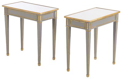 A PAIR OF LOUIS XVI STYLE PAINTED AND BRONZE MOUNTED TABLES HAVING MIRRORED TOPS. A pair of 