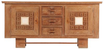 A FRENCH CERUSED OAK SIDEBOARD C 1940 HAVING GEOMETRIC MOTIFS AND CERAMIC TILES. A French 