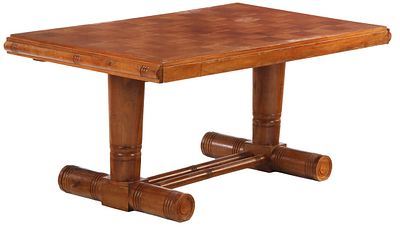 FRENCH WALNUT DINING TABLE ATTRIBUTED TO CHARLES DUDOUYT C 1940 HAVING ROUND BASE AND PULL OUT. F 