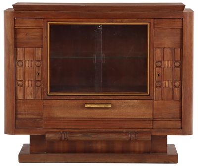 FRENCH MAHOGANY SERVER HAVING TWO WOOD DOORS, TWO GLASS DOORS AND A SINGLE DRAWER C 1940. French 