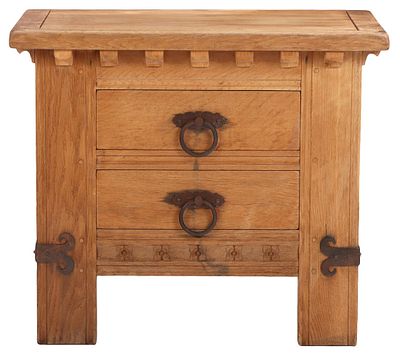 FRENCH OAK BRUTALIST STYLE TWO DRAWER CABINET HAVING IRON DETAILS C 1960. French oak Brutalist 