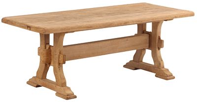 FRENCH OAK BRUTALIST STYLE TABLE HAVING A SLAB TOP AND MORTIS AND TENON CONSTRUCTION C 1955. Fre 