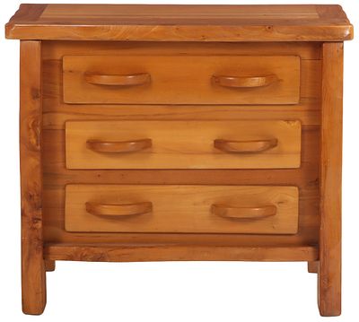 FRENCH FIGURED ELM BRUTALIST STYLE THREE DRAWER DRESSER HAVING WOODEN PULLS C 1960. French 