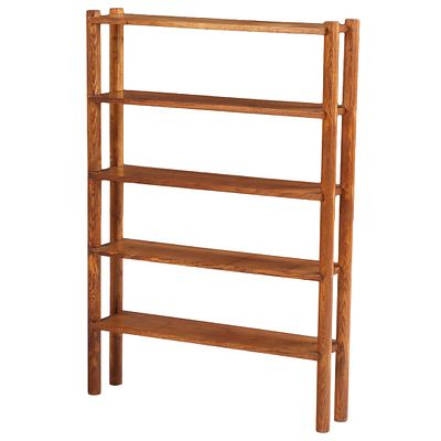 FRENCH OPEN OAK BOOK SHELF HAVING ROUND UPRIGHTS C 1960. French open oak book shelf having 