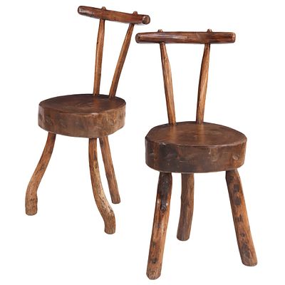 PAIR PRIMITIVE FRENCH BRUTALIST STYLE SIDE CHAIRS HAVING THICK PLANK SEATS C 1940. Pair 