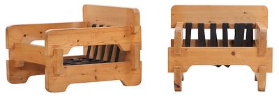 PAIR OF SCANDANAVIAN PINE BRUTALIST STYLE "LINCOLN LOG" ARM CHAIRS C 1965. Pair of Scandanavian 