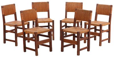 SIX FRENCH OAK AND RUSH DINING CHAIRS IN THE MANNER OF CHARLES DUDOUYT C 1945. Six French oak 