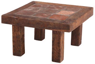 FRENCH OAK END TABLE MADE FROM HEAVY LUMBER AND HAVING AN INSET TILE TOP IN THE BRUTALIST STYLE C. 