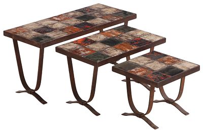 THREE FRENCH IRON AND TILE NESTING TABLES C 1960. Three French iron and tile nesting tables C 