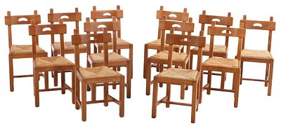 RARE SET OF TWELVE FRENCH OAK AND RUSH DINING CHAIRS C 1945. Rare set of twelve French oak and 