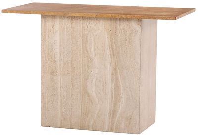 A FRENCH TABLE HAVING A TRAVERTINE BASE SUPPORTING A MARBLE TOP C 1970. A French table having a 