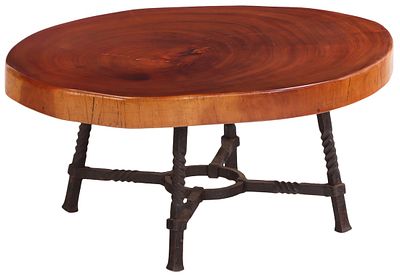 FRENCH SOLID MAHOGANY COFFEE TABLE HAVING A SLAB TOP RESTING ON A TWISTED IRON BASE C 1960. Fren 