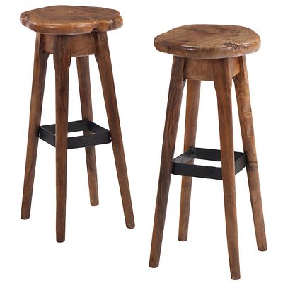 PAIR FRENCH BRUTALIST STYLE WOOD AND IRON BAR STOOLS HAVING THICK EXOTIC WOOD SEATS C 1950. Pair 