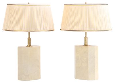 A PAIR OF SIX SIDED BRASS AND PARCHMENT COVERED TABLE LAMPS C 1960 IN THE MANNER OF SAMUEL MARX. 