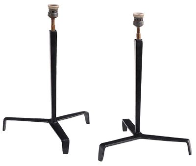 PAIR OF IRON TABLE LAMPS HAVING TRIPOD BASE IN THE MANNER OF JEAN-MICHEL FRANK. Pair of iron 