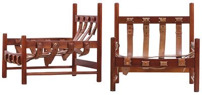 PAIR OF OPEN ARM CHAIRS WITH LEATHER STRAP SUPPORTS IN THE MANNER OF SERGIO RODRIGUEZ C 1950. Pa 