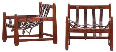 PAIR OF OPEN ARM CHAIRS WITH LEATHER STRAP SUPPORTS IN THE MANNER OF SERGIO RODRIGUEZ C 1950. Pa 